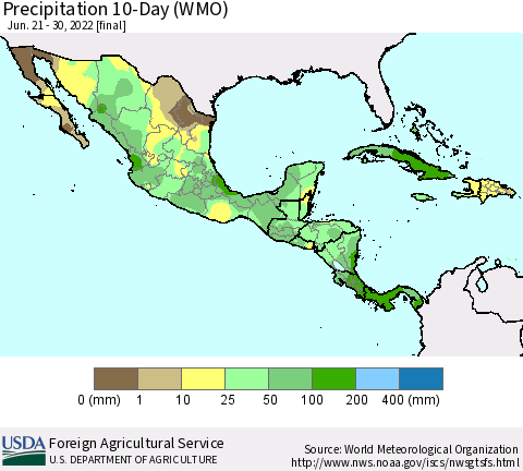 Mexico Central America and the Caribbean Precipitation 10-Day (WMO) Thematic Map For 6/21/2022 - 6/30/2022