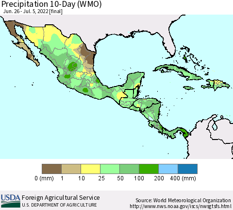 Mexico Central America and the Caribbean Precipitation 10-Day (WMO) Thematic Map For 6/26/2022 - 7/5/2022