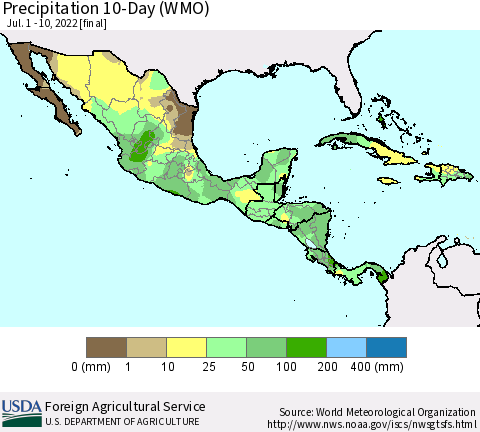 Mexico Central America and the Caribbean Precipitation 10-Day (WMO) Thematic Map For 7/1/2022 - 7/10/2022
