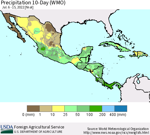 Mexico Central America and the Caribbean Precipitation 10-Day (WMO) Thematic Map For 7/6/2022 - 7/15/2022