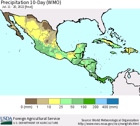 Mexico Central America and the Caribbean Precipitation 10-Day (WMO) Thematic Map For 7/11/2022 - 7/20/2022