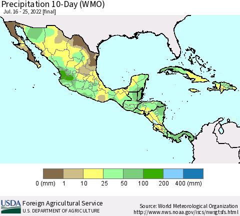 Mexico Central America and the Caribbean Precipitation 10-Day (WMO) Thematic Map For 7/16/2022 - 7/25/2022