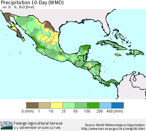 Mexico Central America and the Caribbean Precipitation 10-Day (WMO) Thematic Map For 7/21/2022 - 7/31/2022