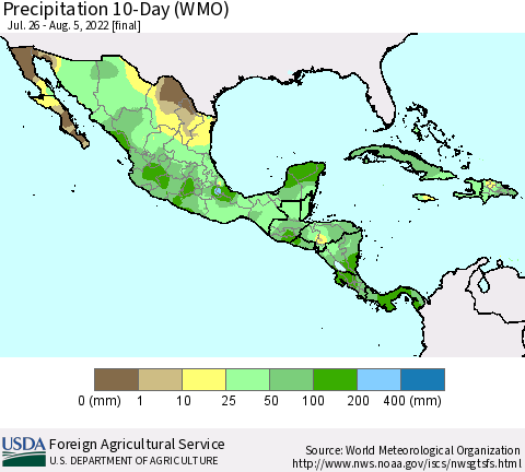 Mexico Central America and the Caribbean Precipitation 10-Day (WMO) Thematic Map For 7/26/2022 - 8/5/2022
