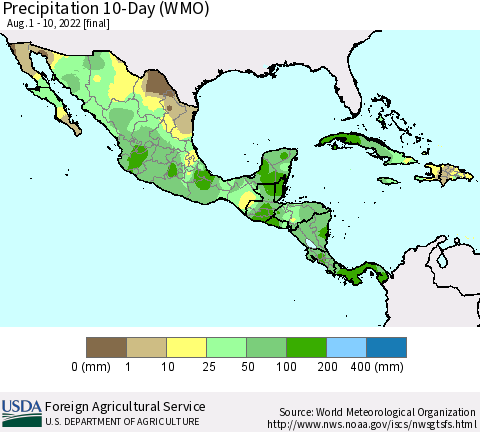 Mexico Central America and the Caribbean Precipitation 10-Day (WMO) Thematic Map For 8/1/2022 - 8/10/2022