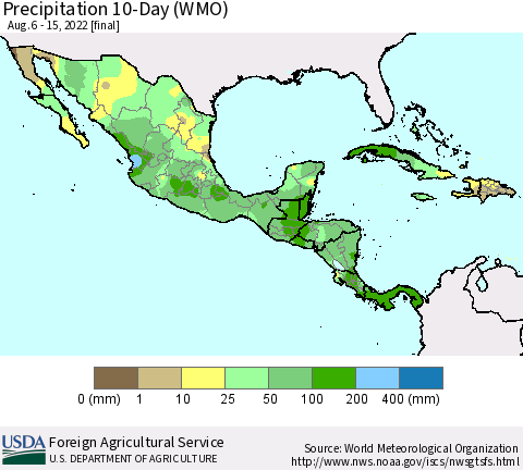 Mexico Central America and the Caribbean Precipitation 10-Day (WMO) Thematic Map For 8/6/2022 - 8/15/2022