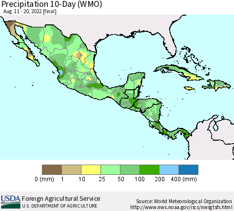 Mexico Central America and the Caribbean Precipitation 10-Day (WMO) Thematic Map For 8/11/2022 - 8/20/2022