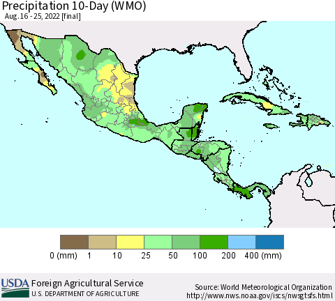 Mexico Central America and the Caribbean Precipitation 10-Day (WMO) Thematic Map For 8/16/2022 - 8/25/2022
