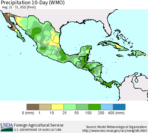 Mexico Central America and the Caribbean Precipitation 10-Day (WMO) Thematic Map For 8/21/2022 - 8/31/2022