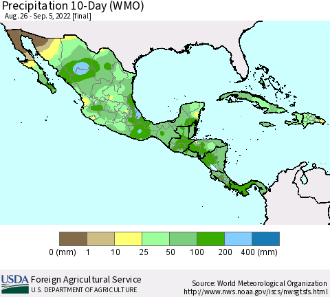 Mexico Central America and the Caribbean Precipitation 10-Day (WMO) Thematic Map For 8/26/2022 - 9/5/2022
