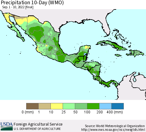 Mexico Central America and the Caribbean Precipitation 10-Day (WMO) Thematic Map For 9/1/2022 - 9/10/2022