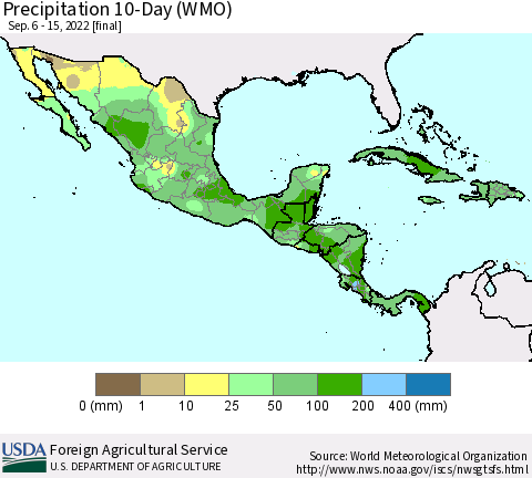 Mexico Central America and the Caribbean Precipitation 10-Day (WMO) Thematic Map For 9/6/2022 - 9/15/2022