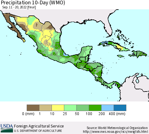 Mexico Central America and the Caribbean Precipitation 10-Day (WMO) Thematic Map For 9/11/2022 - 9/20/2022