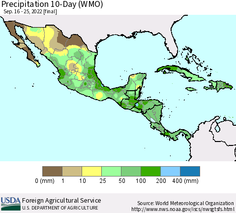 Mexico Central America and the Caribbean Precipitation 10-Day (WMO) Thematic Map For 9/16/2022 - 9/25/2022