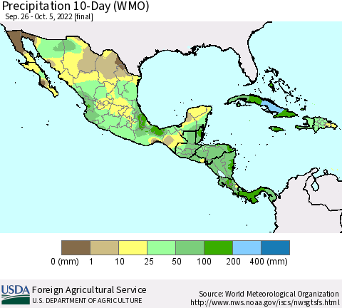 Mexico Central America and the Caribbean Precipitation 10-Day (WMO) Thematic Map For 9/26/2022 - 10/5/2022