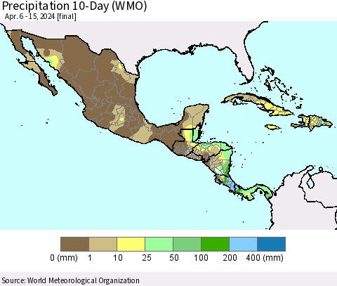 Mexico Central America and the Caribbean Precipitation 10-Day (WMO) Thematic Map For 4/6/2024 - 4/15/2024