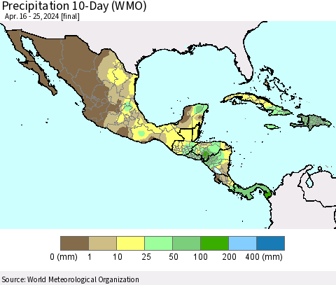 Mexico Central America and the Caribbean Precipitation 10-Day (WMO) Thematic Map For 4/16/2024 - 4/25/2024