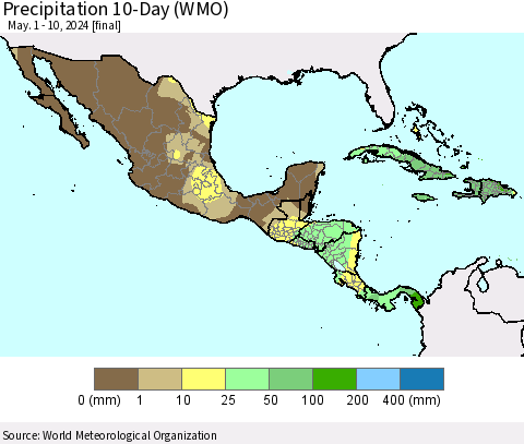 Mexico Central America and the Caribbean Precipitation 10-Day (WMO) Thematic Map For 5/1/2024 - 5/10/2024