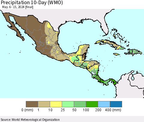 Mexico Central America and the Caribbean Precipitation 10-Day (WMO) Thematic Map For 5/6/2024 - 5/15/2024
