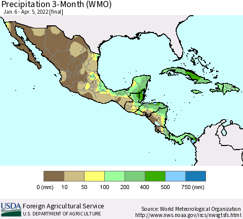 Mexico Central America and the Caribbean Precipitation 3-Month (WMO) Thematic Map For 1/6/2022 - 4/5/2022