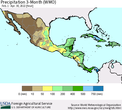 Mexico Central America and the Caribbean Precipitation 3-Month (WMO) Thematic Map For 2/1/2022 - 4/30/2022