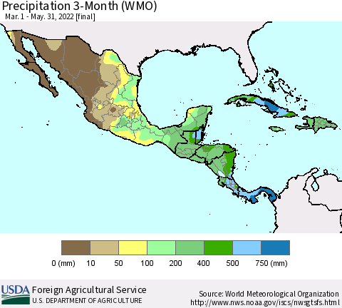 Mexico Central America and the Caribbean Precipitation 3-Month (WMO) Thematic Map For 3/1/2022 - 5/31/2022