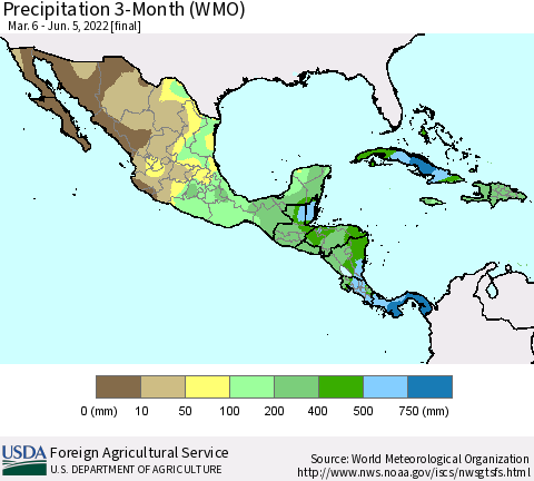 Mexico Central America and the Caribbean Precipitation 3-Month (WMO) Thematic Map For 3/6/2022 - 6/5/2022