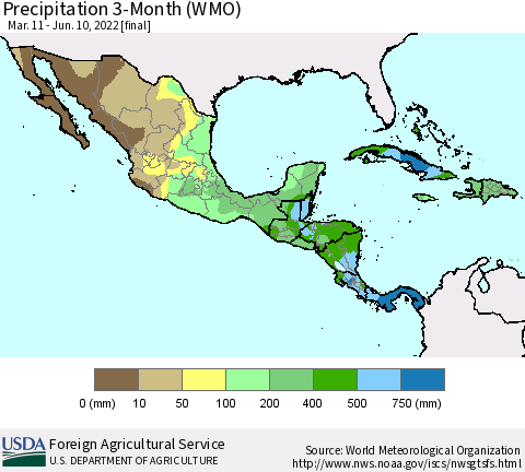 Mexico Central America and the Caribbean Precipitation 3-Month (WMO) Thematic Map For 3/11/2022 - 6/10/2022
