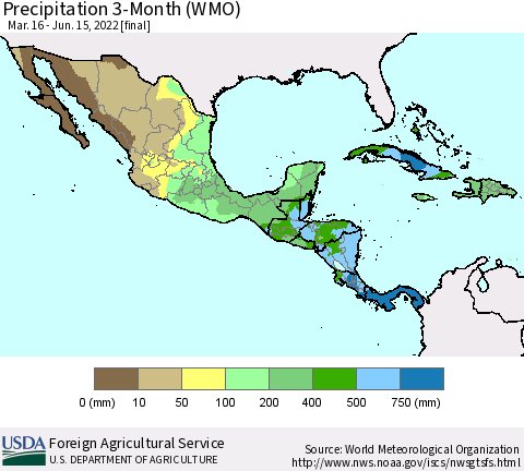 Mexico Central America and the Caribbean Precipitation 3-Month (WMO) Thematic Map For 3/16/2022 - 6/15/2022