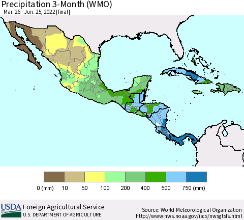 Mexico Central America and the Caribbean Precipitation 3-Month (WMO) Thematic Map For 3/26/2022 - 6/25/2022