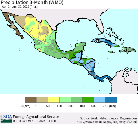 Mexico Central America and the Caribbean Precipitation 3-Month (WMO) Thematic Map For 4/1/2022 - 6/30/2022