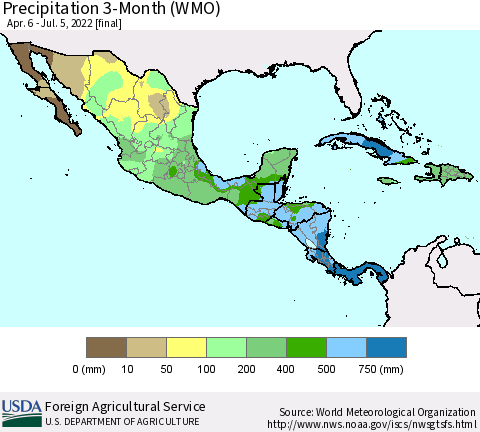 Mexico Central America and the Caribbean Precipitation 3-Month (WMO) Thematic Map For 4/6/2022 - 7/5/2022