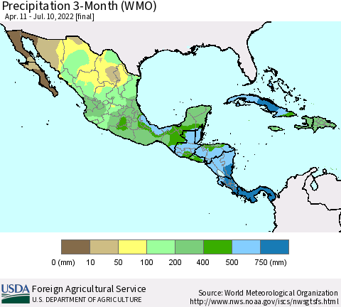 Mexico Central America and the Caribbean Precipitation 3-Month (WMO) Thematic Map For 4/11/2022 - 7/10/2022