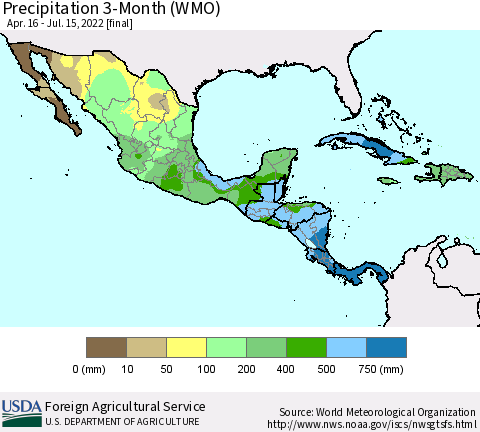 Mexico Central America and the Caribbean Precipitation 3-Month (WMO) Thematic Map For 4/16/2022 - 7/15/2022