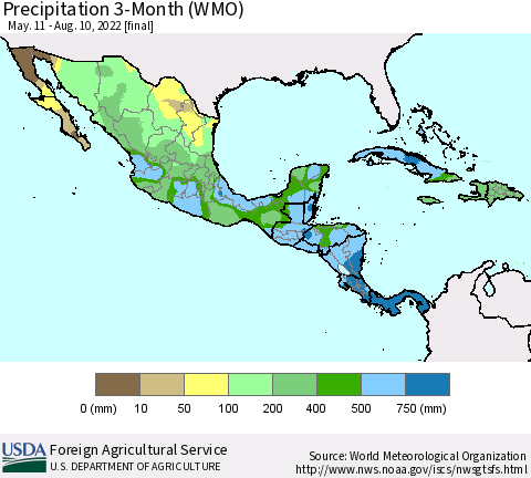 Mexico Central America and the Caribbean Precipitation 3-Month (WMO) Thematic Map For 5/11/2022 - 8/10/2022