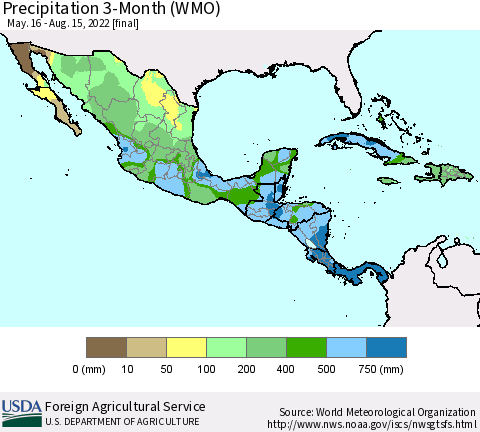 Mexico Central America and the Caribbean Precipitation 3-Month (WMO) Thematic Map For 5/16/2022 - 8/15/2022
