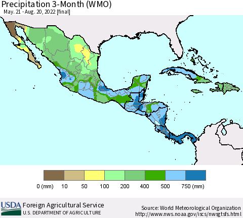 Mexico Central America and the Caribbean Precipitation 3-Month (WMO) Thematic Map For 5/21/2022 - 8/20/2022