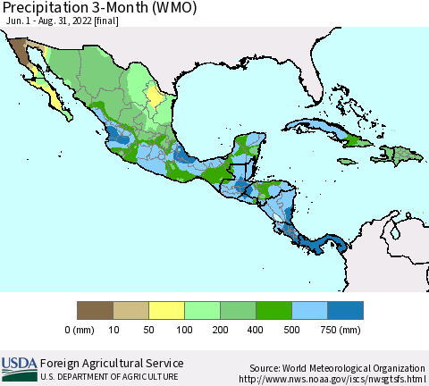 Mexico Central America and the Caribbean Precipitation 3-Month (WMO) Thematic Map For 6/1/2022 - 8/31/2022