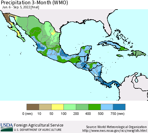 Mexico Central America and the Caribbean Precipitation 3-Month (WMO) Thematic Map For 6/6/2022 - 9/5/2022