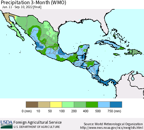 Mexico Central America and the Caribbean Precipitation 3-Month (WMO) Thematic Map For 6/11/2022 - 9/10/2022