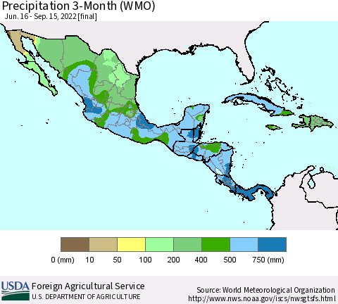 Mexico Central America and the Caribbean Precipitation 3-Month (WMO) Thematic Map For 6/16/2022 - 9/15/2022