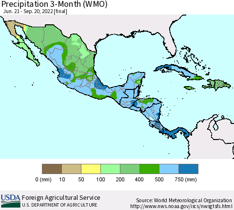 Mexico Central America and the Caribbean Precipitation 3-Month (WMO) Thematic Map For 6/21/2022 - 9/20/2022