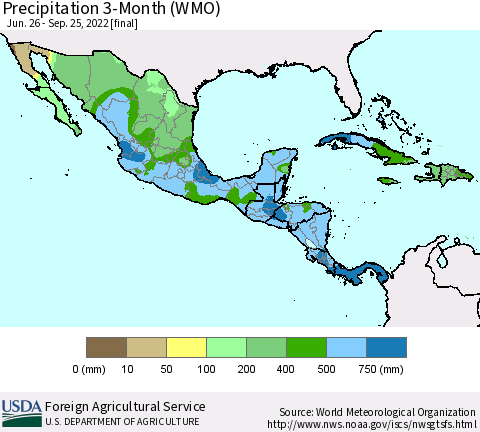 Mexico Central America and the Caribbean Precipitation 3-Month (WMO) Thematic Map For 6/26/2022 - 9/25/2022