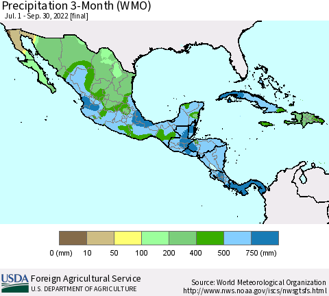 Mexico Central America and the Caribbean Precipitation 3-Month (WMO) Thematic Map For 7/1/2022 - 9/30/2022