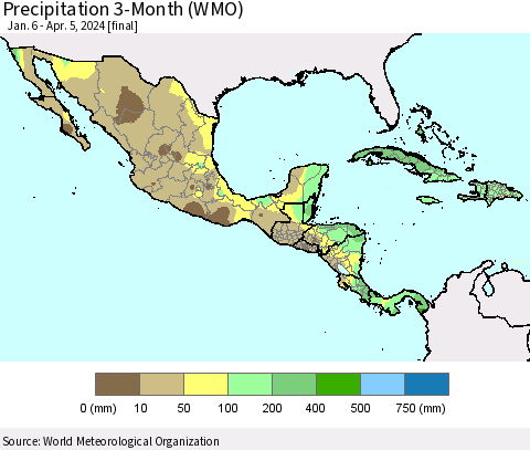 Mexico Central America and the Caribbean Precipitation 3-Month (WMO) Thematic Map For 1/6/2024 - 4/5/2024