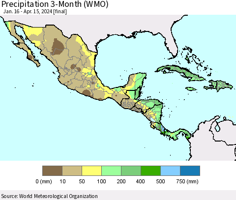 Mexico Central America and the Caribbean Precipitation 3-Month (WMO) Thematic Map For 1/16/2024 - 4/15/2024