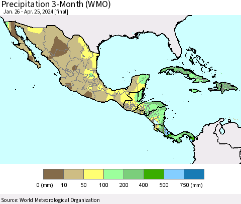 Mexico Central America and the Caribbean Precipitation 3-Month (WMO) Thematic Map For 1/26/2024 - 4/25/2024