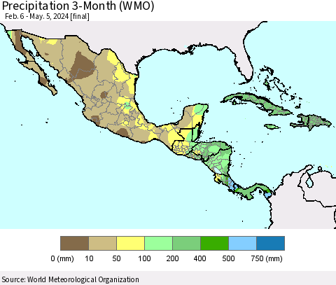 Mexico Central America and the Caribbean Precipitation 3-Month (WMO) Thematic Map For 2/6/2024 - 5/5/2024