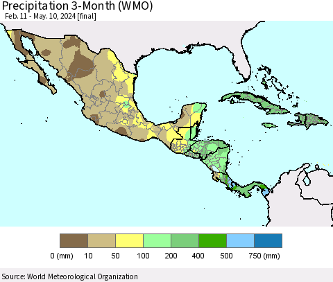 Mexico Central America and the Caribbean Precipitation 3-Month (WMO) Thematic Map For 2/11/2024 - 5/10/2024