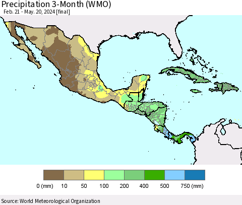 Mexico Central America and the Caribbean Precipitation 3-Month (WMO) Thematic Map For 2/21/2024 - 5/20/2024